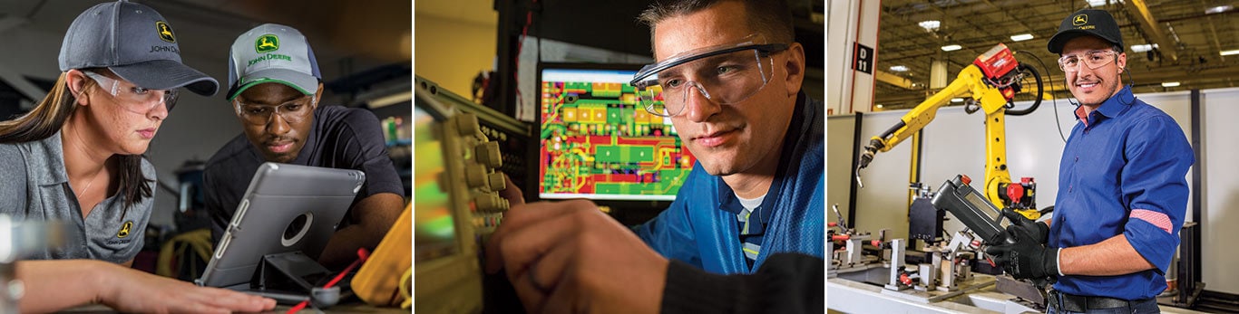 Collage of images shows John Deere employees at work