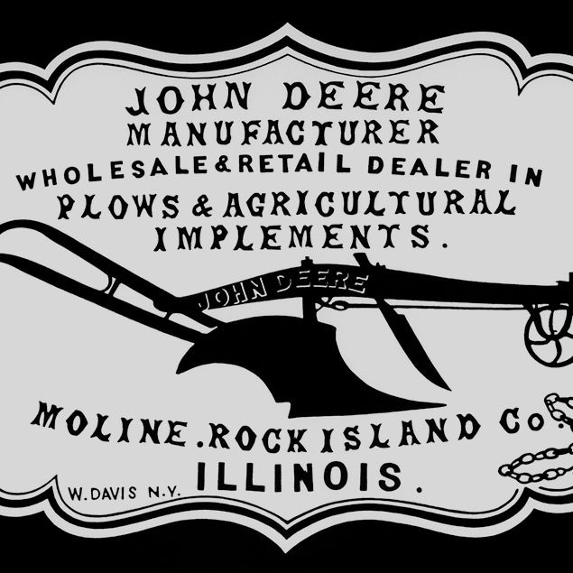 A historical 1855 dealer advertisement “John Deere Manufacturer, wholesale & retail dealer in plows & agricultural implements. Moline, Rock Island Co. Illinois”