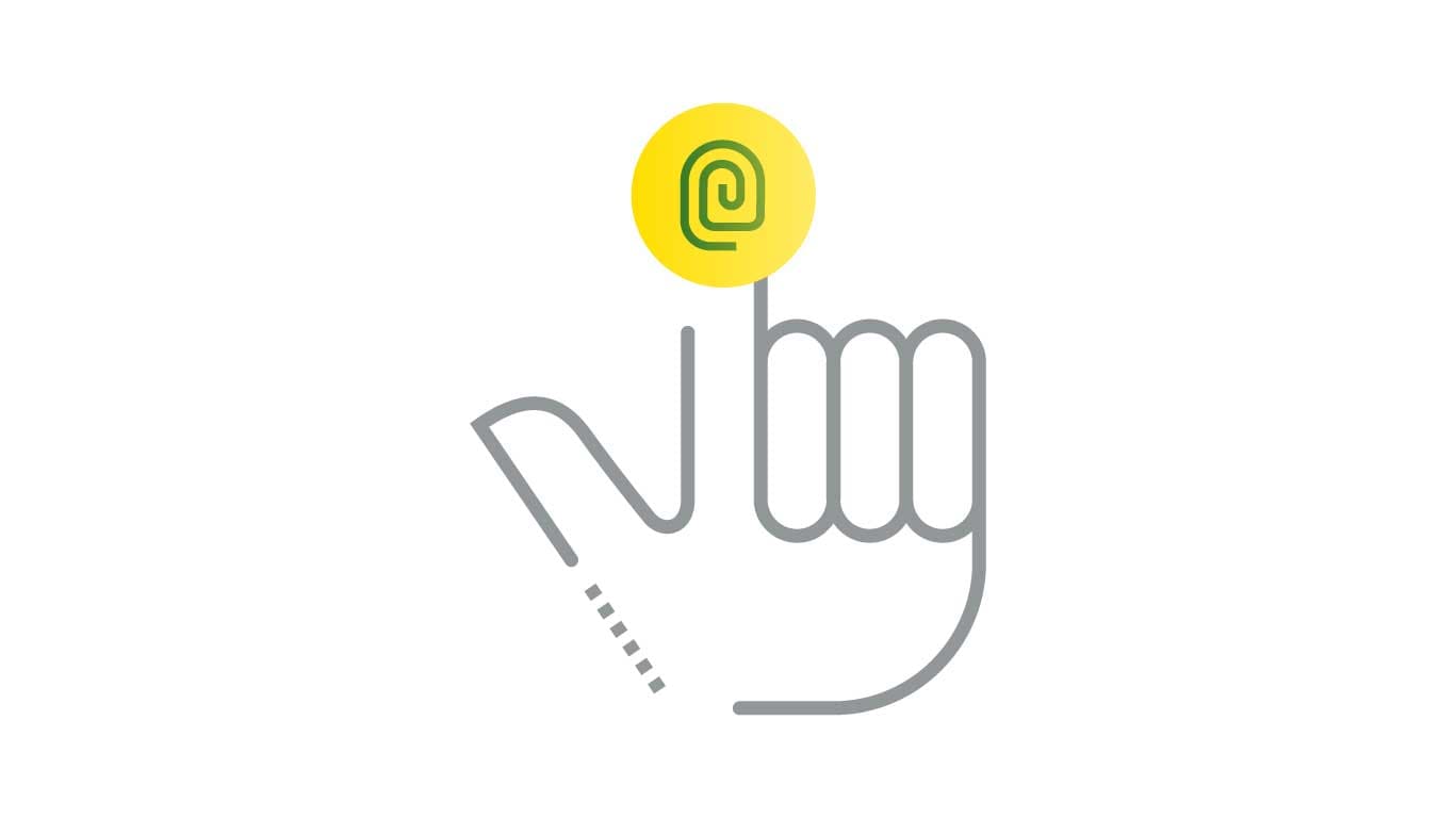 Icon image of fingerprint at the end of a pointer finger with hand