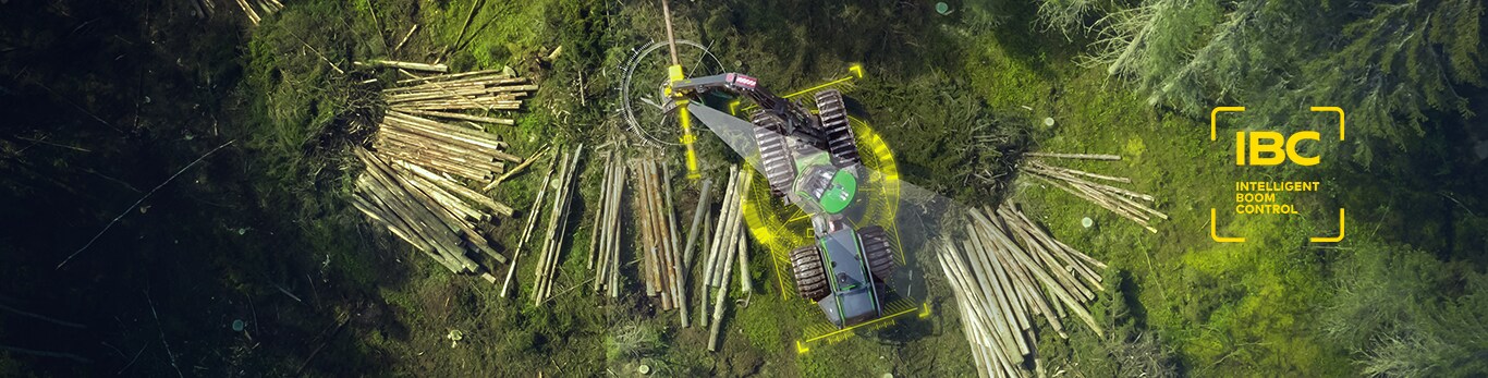 Forest machine working pictured from above
