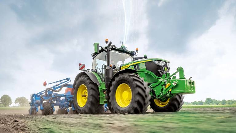 JD Link on 6R Compact Utility Tractor with Field Implement Action Shot - Front Right View