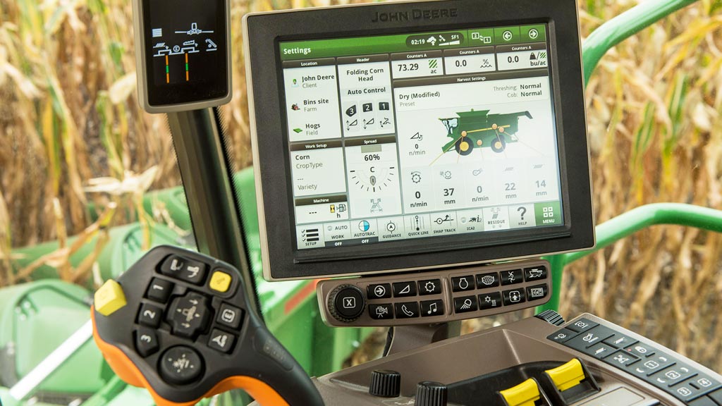 Inside view of cab controls in combine