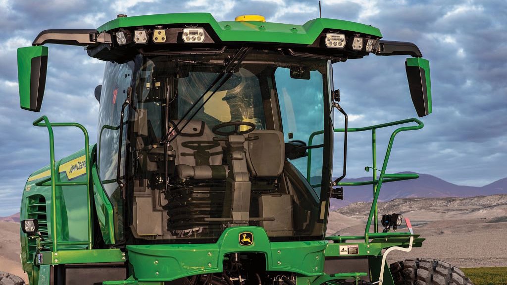 Close-up outside photo of the windrower cab