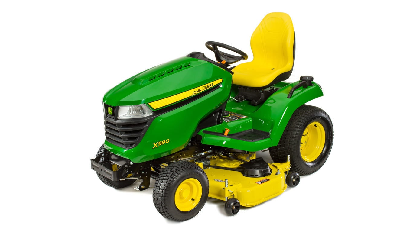 Three-quarter view of x590 lawn tractor with 48 inch deck