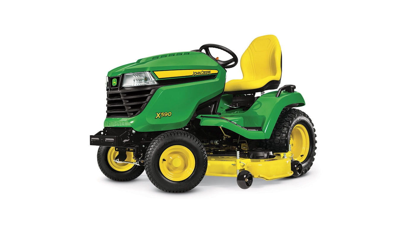 Three-quarter view of x590 lawn tractor with 54 inch deck